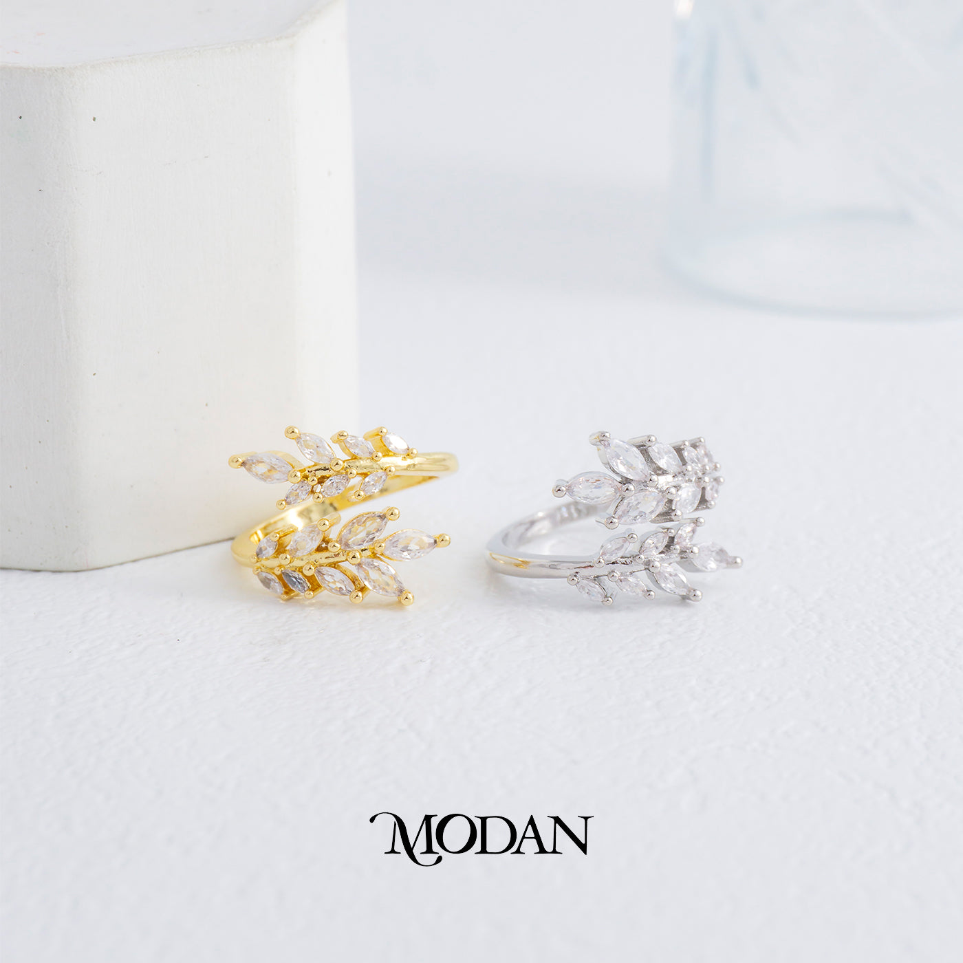 Sparkling Marquise Leaf Wrap Ring Cincin Pesta Daun Hypoallergenic Gold Plated