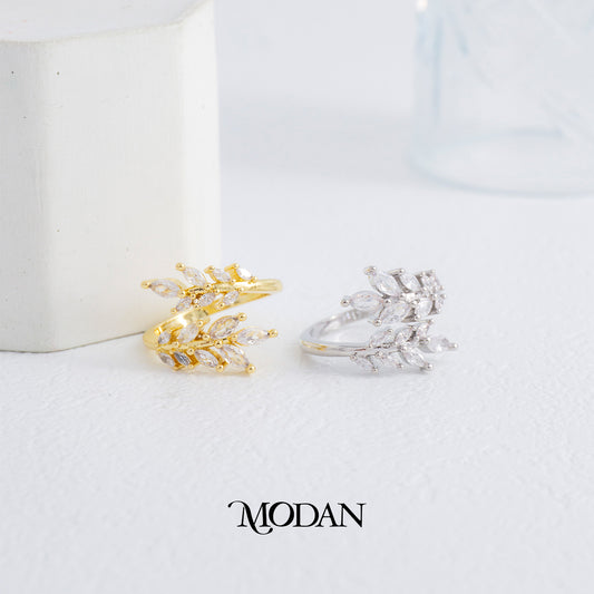 Sparkling Marquise Leaf Wrap Ring Cincin Pesta Daun Hypoallergenic Gold Plated