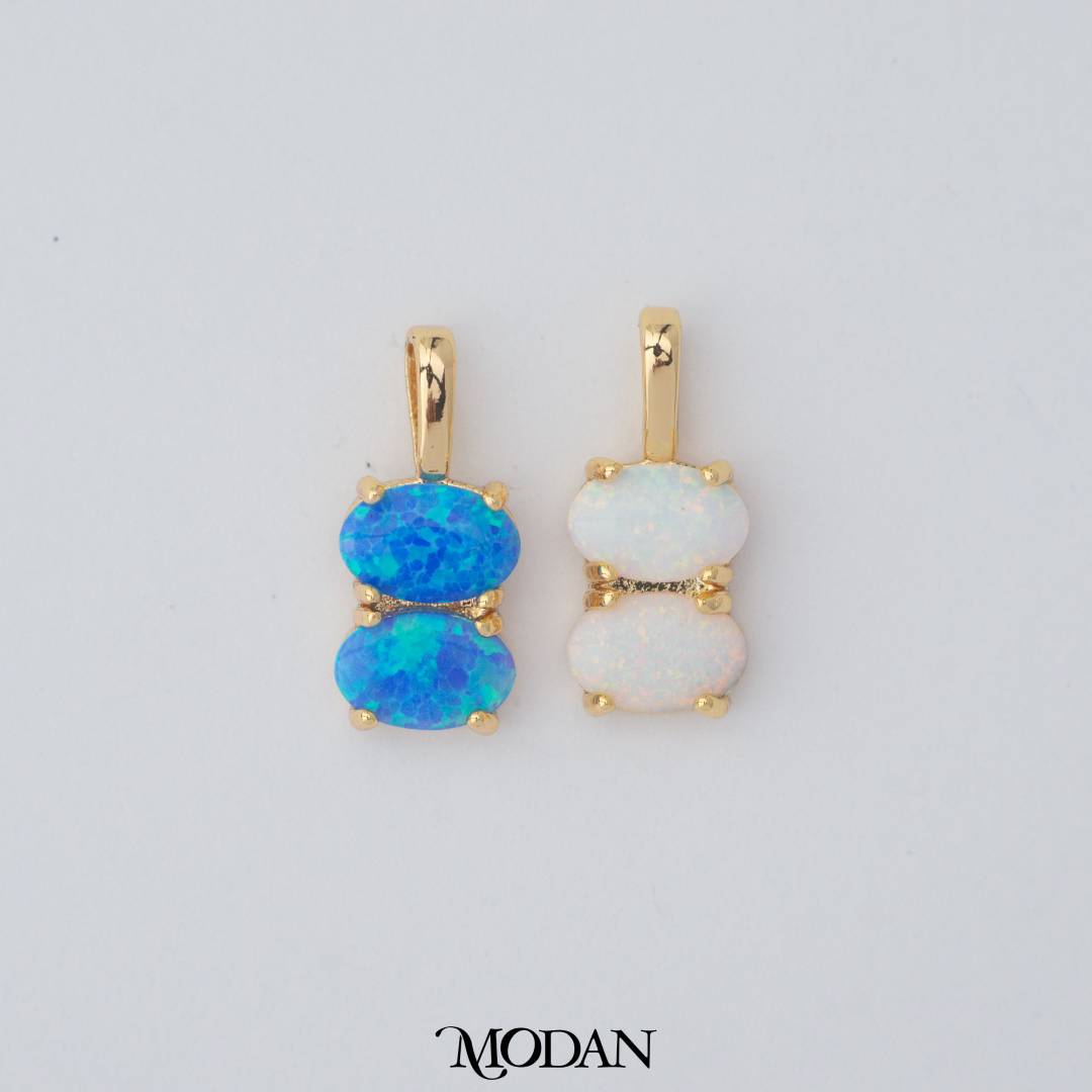 Tiny Geometric Double Oval Charm in Opal Blue and Opal White DIY Liontin Oval Kecil Hypoallergenic Gold Filled