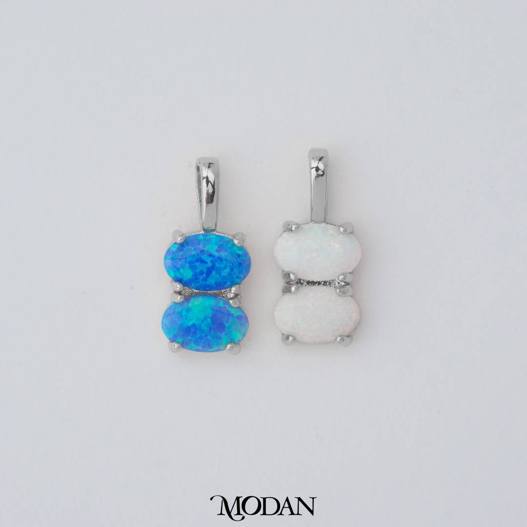 Tiny Geometric Double Oval Charm in Opal Blue and Opal White DIY Liontin Oval Kecil Hypoallergenic Gold Filled