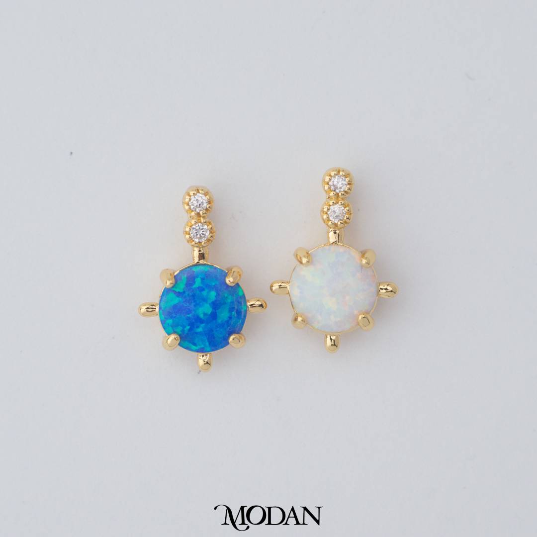 Tiny Geometric Round Charm in Opal Blue and Opal White DIY Liontin Bulat Kecil Hypoallergenic Gold Filled