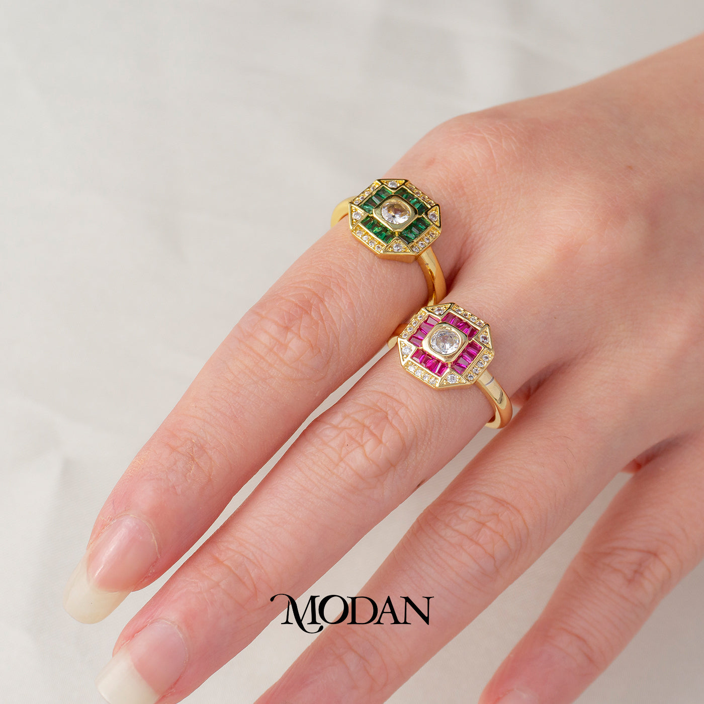 Modern Hexagonal Baguette Emerald Green Fuchsia Ring Cincin Statement Segi Enam Hijau Hot Pink Hypoallergenic Gold Plated