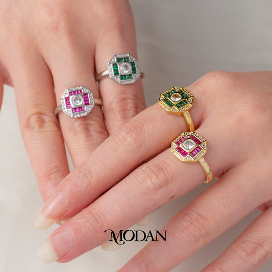 Modern Hexagonal Baguette Emerald Green Fuchsia Ring Cincin Statement Segi Enam Hijau Hot Pink Hypoallergenic Gold Plated