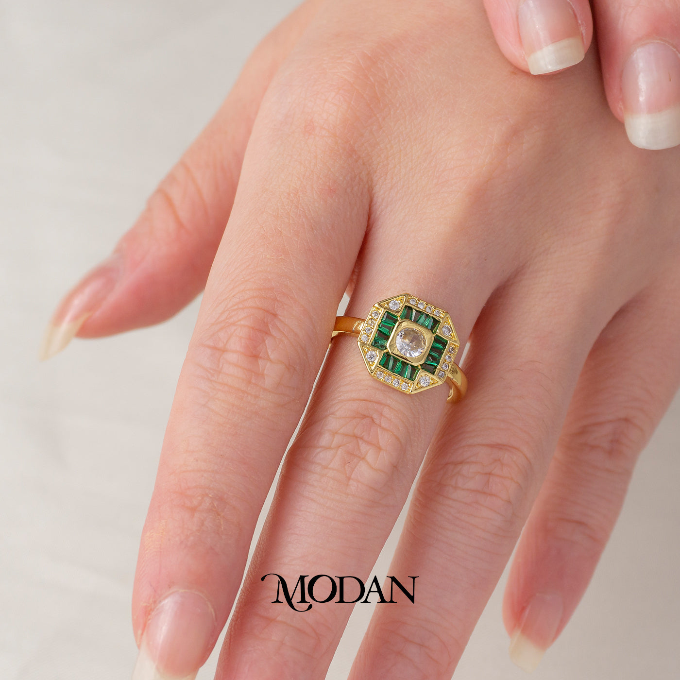 Modern Hexagonal Baguette Emerald Green Fuchsia Ring Cincin Statement Segi Enam Hijau Hot Pink Hypoallergenic Gold Plated