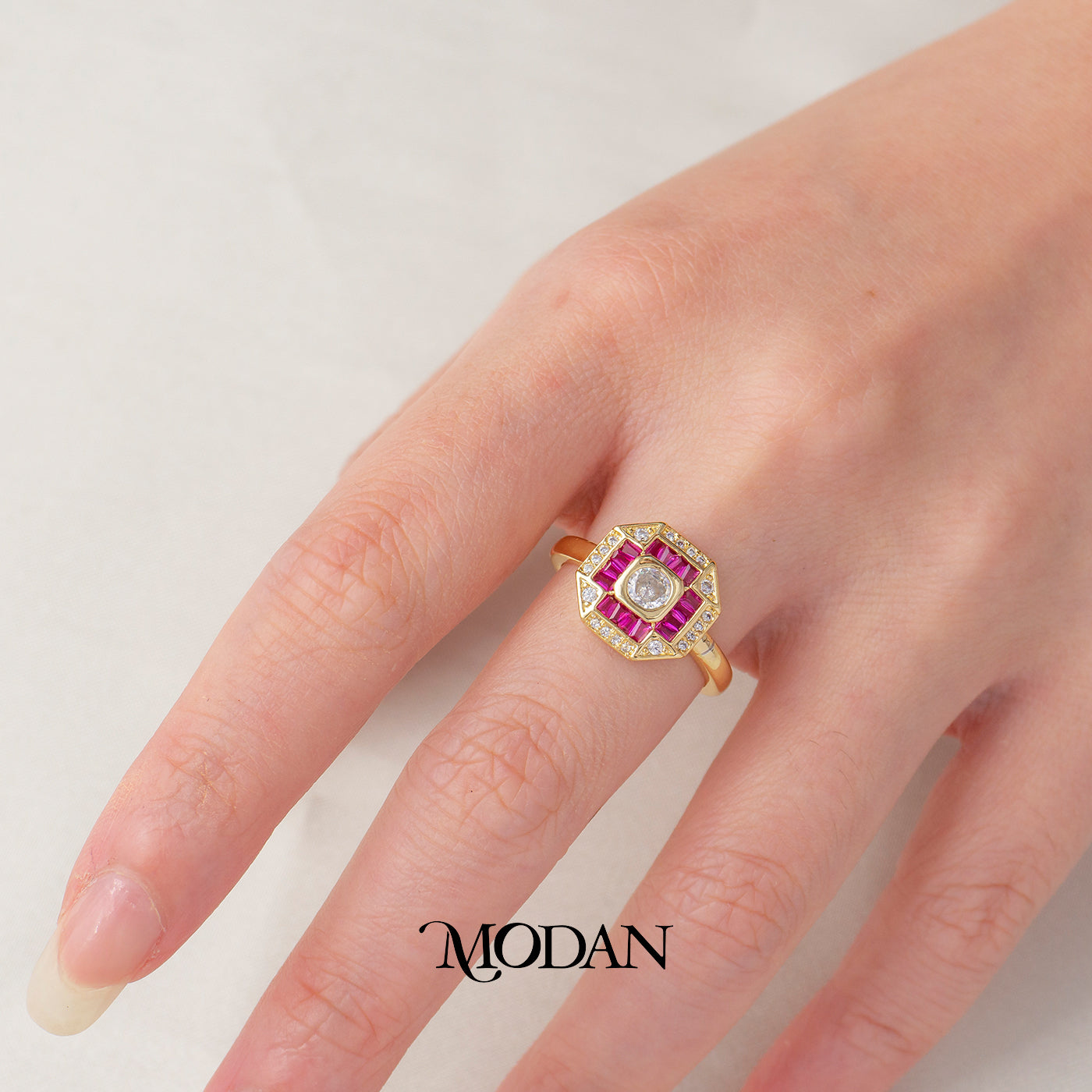 Modern Hexagonal Baguette Emerald Green Fuchsia Ring Cincin Statement Segi Enam Hijau Hot Pink Hypoallergenic Gold Plated