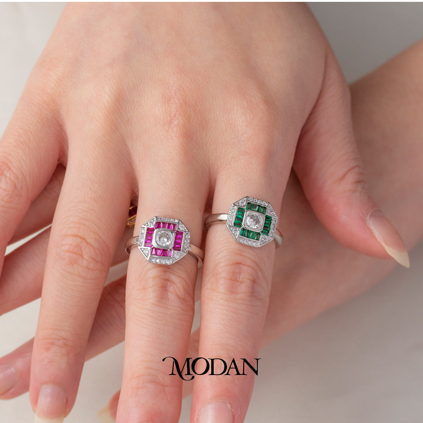 Modern Hexagonal Baguette Emerald Green Fuchsia Ring Cincin Statement Segi Enam Hijau Hot Pink Hypoallergenic Gold Plated