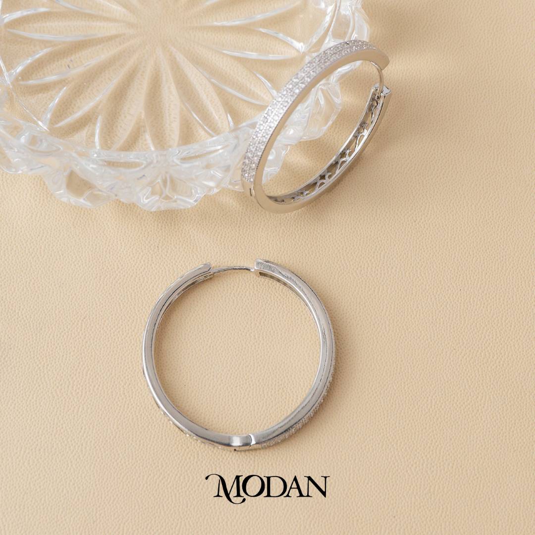 (33mm) Micro Pave Flat Textured Hoop Earrings Anting Bulat Hypoallergenic Gold Filled