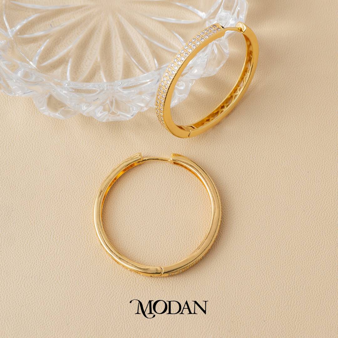 (33mm) Micro Pave Flat Textured Hoop Earrings Anting Bulat Hypoallergenic Gold Filled