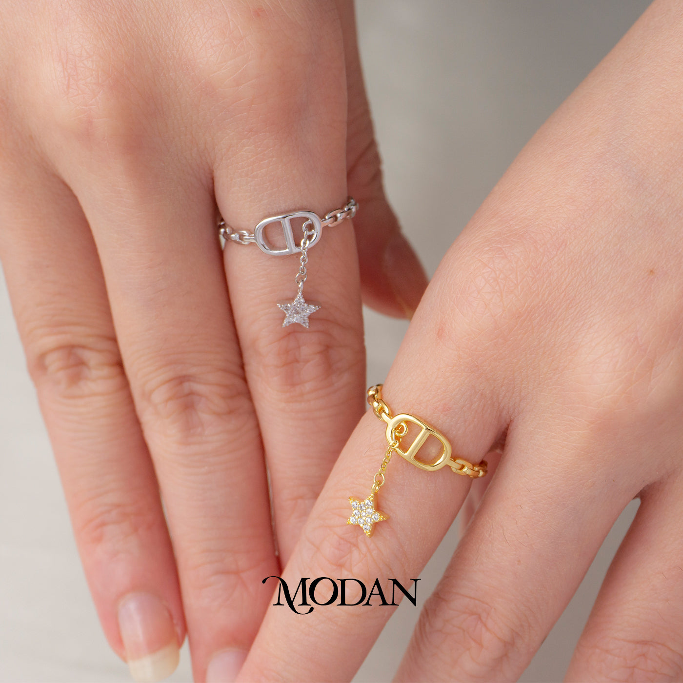 Star Dangle Chain Link Ring Cincin Rantai Gnatungan Bintang Hypoallergenic Gold Plated