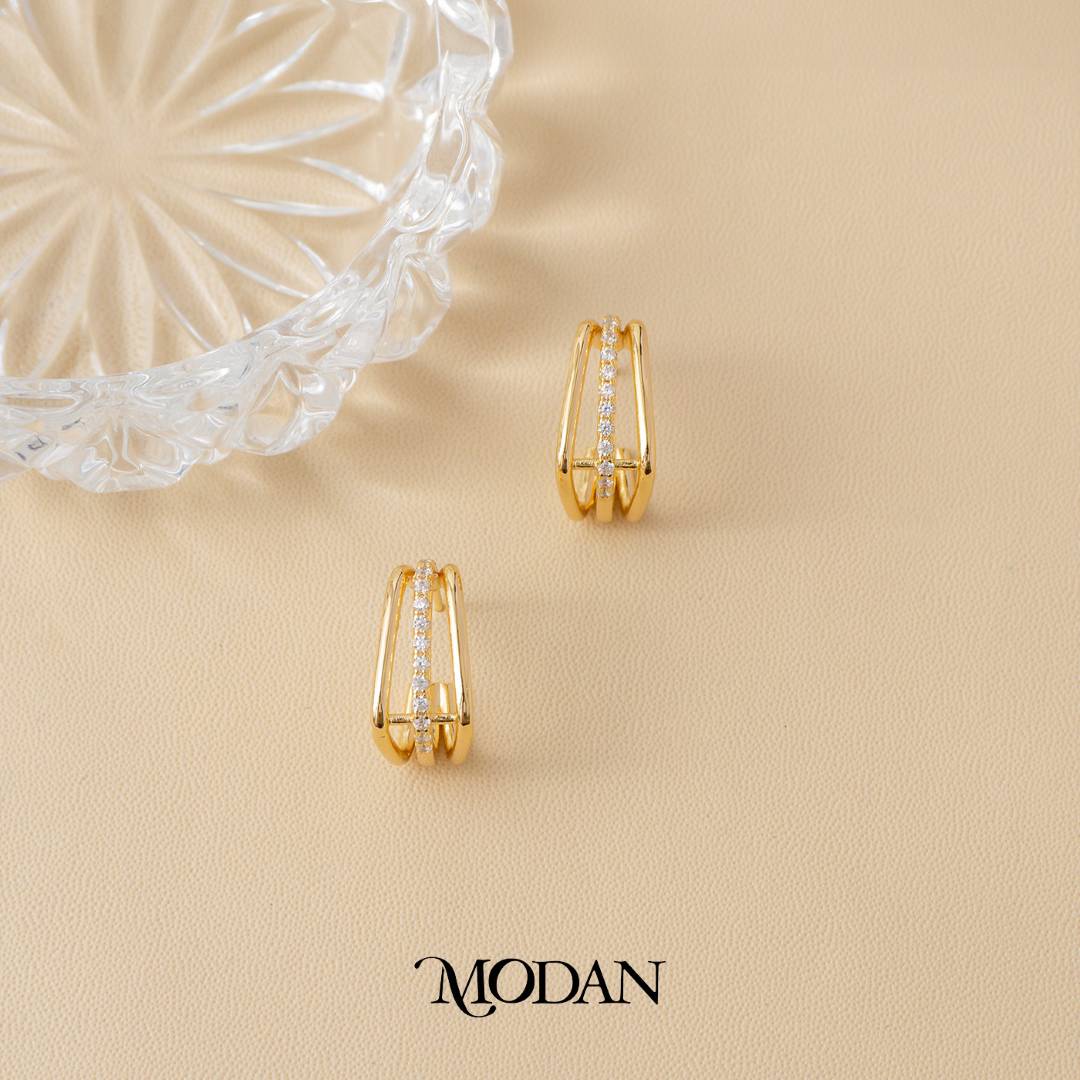 (18mm) Simple Minimalist Square Shaped Triple Layers Open Hoop Earrings Anting Elegant Hypoallergenic Gold Plated