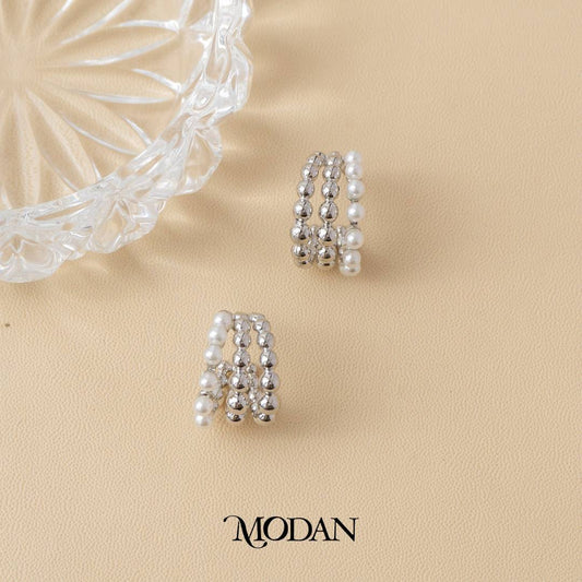 (21mm) Bridal Shell Pearl Triple Rows Hoops Earrings Anting Bulat Mutiara Hypoallergenic Gold Plated