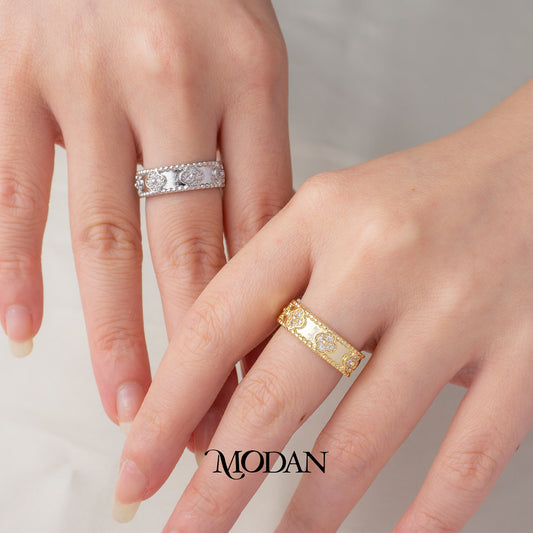Lucky Clover Beaded Eternity Ring Cincin Motif Bunga Semanggi Hypoallergenic Gold Plated