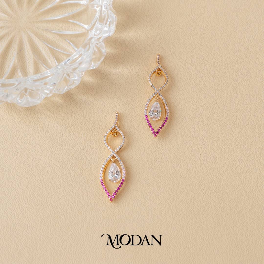 (37mm) Sparkling Fuchsia Zirconia Drop Stud Earrings Anting Tusuk Pesta Hypoallergenic Gold Plated