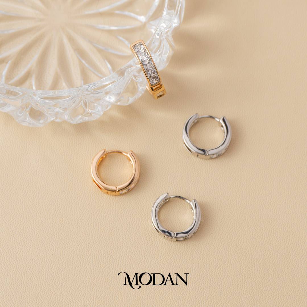 (15mm) Baguette Zirconia Hoop Earrings Anting Bulat Hypoallergenic Gold Plated