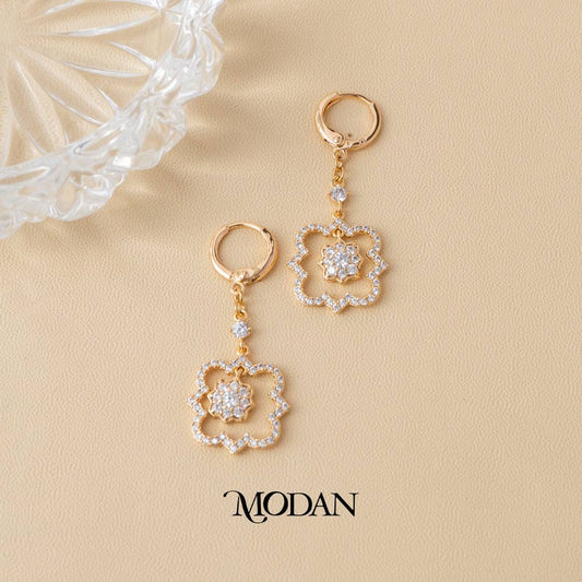 (40mm) Rosegold Micro Pave Zirconia Open Flower Drop Earrings Anting Gantung Bunga Hypoallergenic Gold Plated