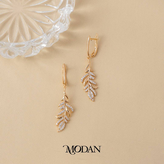 (46mm) Rosegold Micro Pave Zirconia Leaf Drop Earrings Anting Gantung Daun Pesta Hypoallergenic Gold Plated