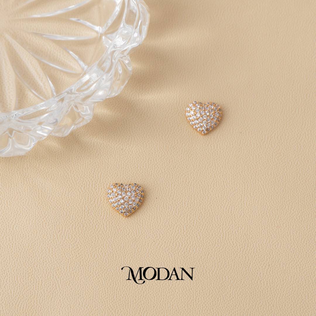 (9mm) Micro Pave Zirconia Chunky Heart Stud Earrings Anting Tusuk Hati Hypoallergenic Gold Plated