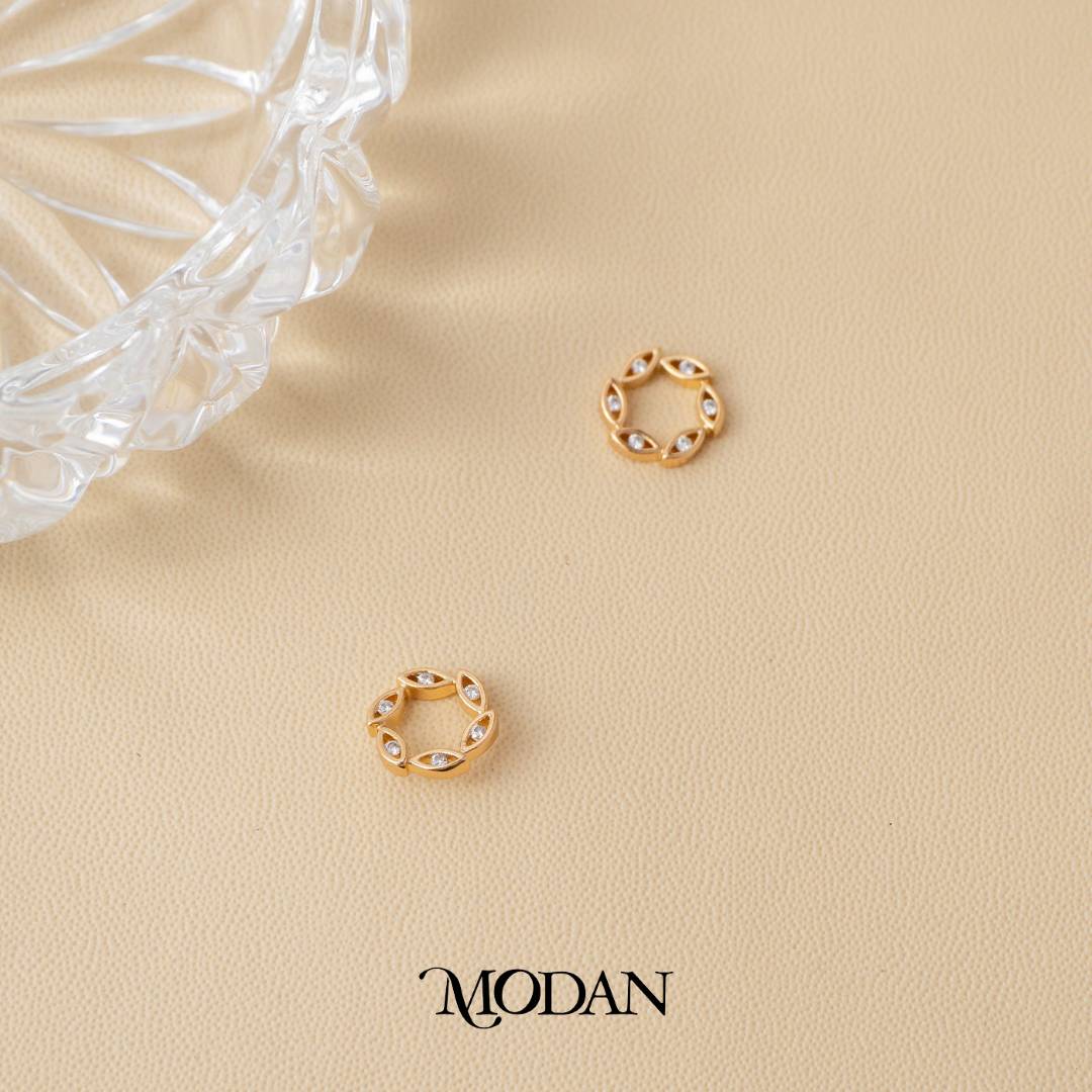 (10mm) Sparkling Leaf Stud Earrings Anting Tusuk Daun Pesta Hypoallergenic Gold Plated