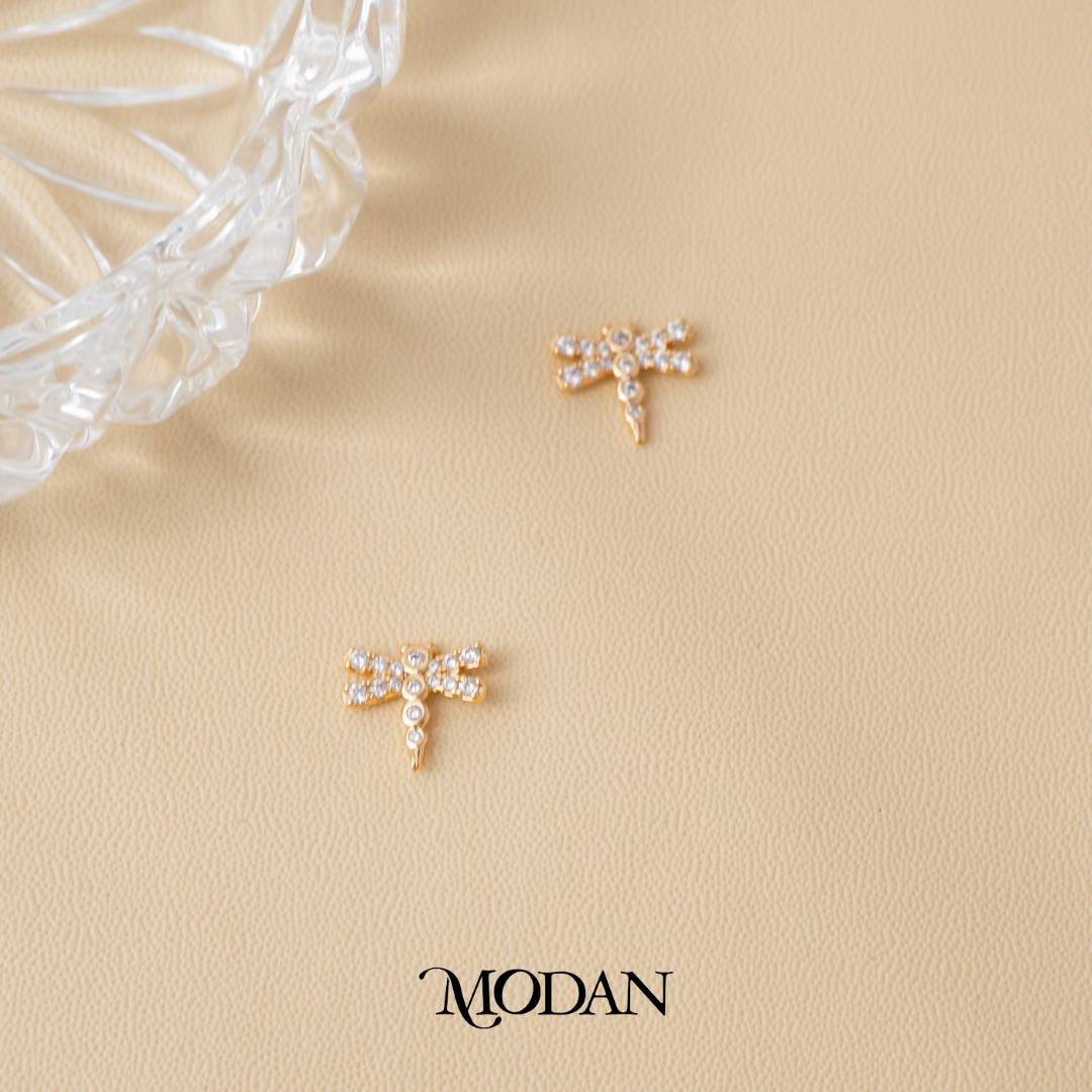 (11mm) Micro Pave Dragonfly Animal Stud Earrings Anting Tusuk Capung Hypoallergenic Gold Plated