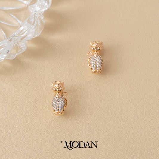 (17mm) Sparkling Kitty Cat English Lock Hoop Earrings Anting Kucing Hypoallergenic Gold Plated
