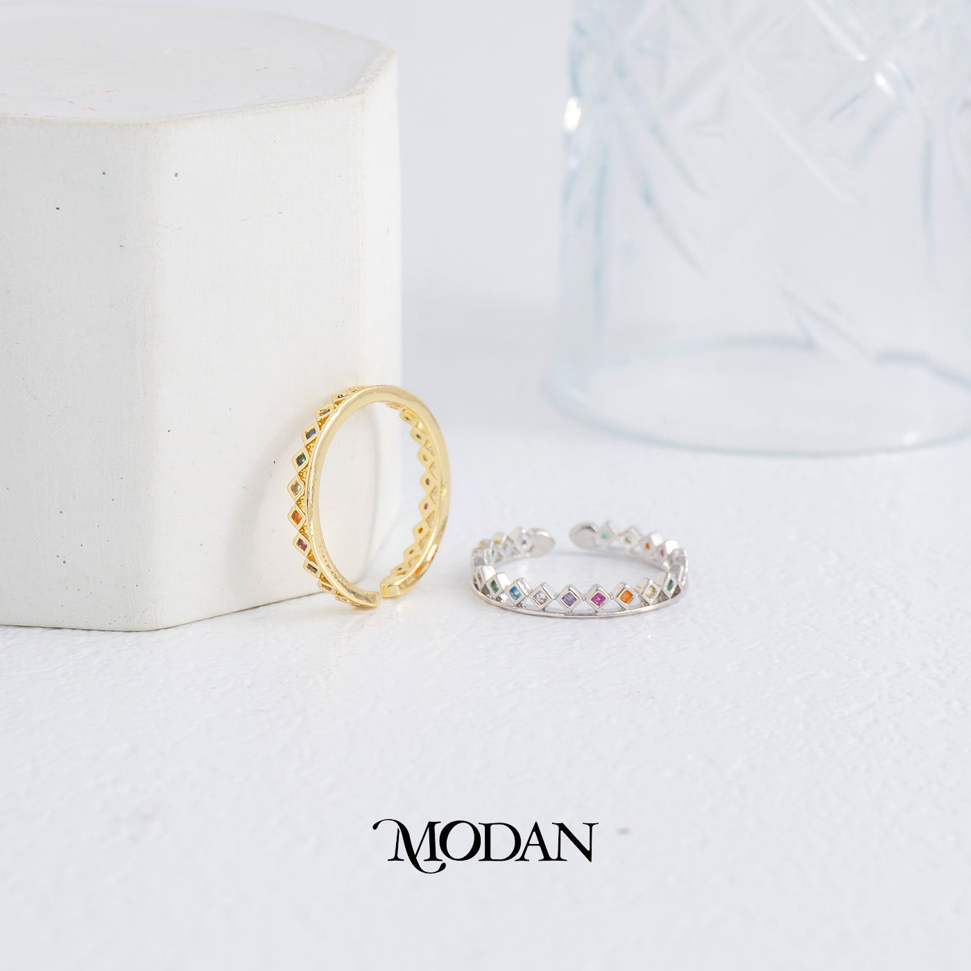 Rainbow Geometric Rhombus Eternity Ring Cincin Wajik Warna Warni Hypoallergenic Gold Plated