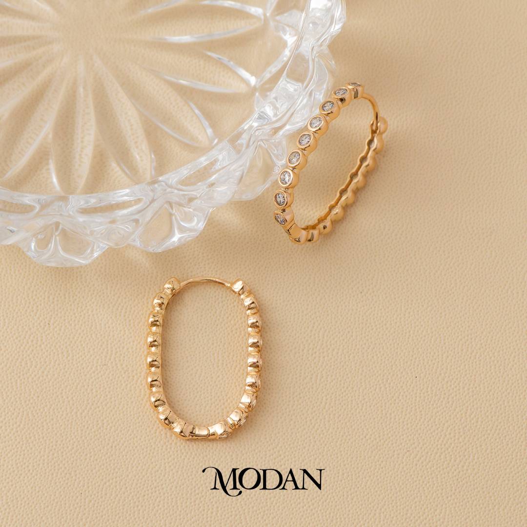 (25mm) Solitaire Zirconia Oval Beaded Hoop Earrings Anting Bulat Hypoallergenic Gold Plated