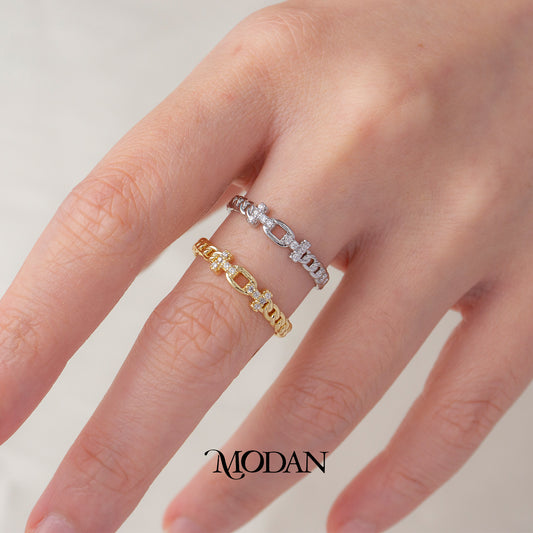 Dainty Geometric H Link Chain Ring Cincin Ramping Jalinan Kotak Hypoallergenic Gold Plated