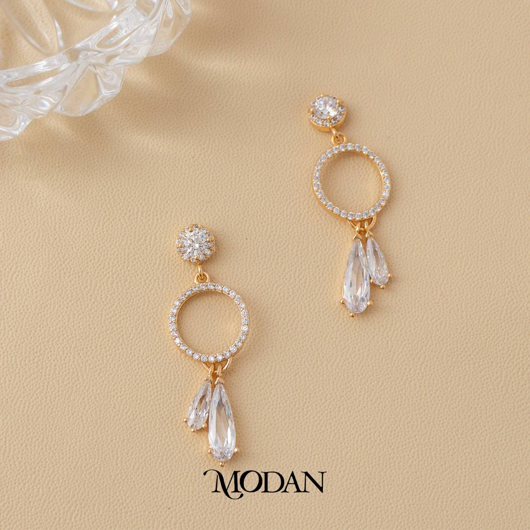 (37mm) Rosegold Round Micro Pave Zirconia Teardrop Drop Earrings Anting Gantung Pesta Hypoallergenic Gold Plated
