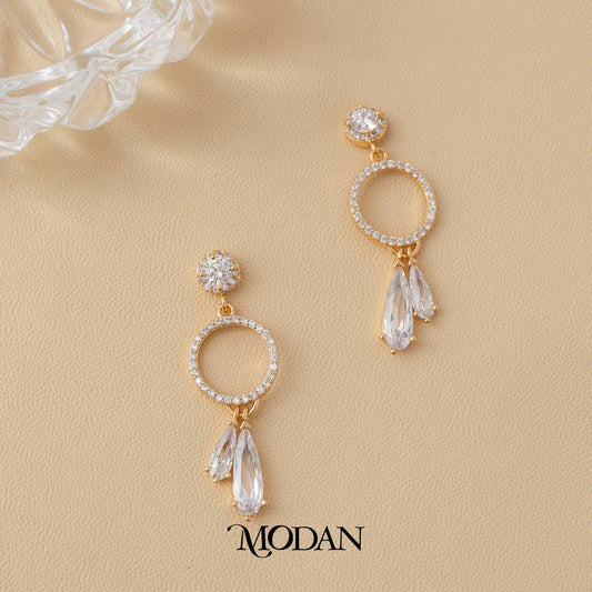 (37mm) Rosegold Round Micro Pave Zirconia Teardrop Drop Earrings Anting Gantung Pesta Hypoallergenic Gold Plated