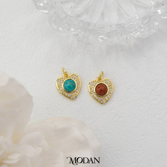 Red and Turquoise Vintage Love Natural Gemstones Charm DIY Charm Liontin Hati Cinta Hijau Merah Hypoallergenic Gold Filled