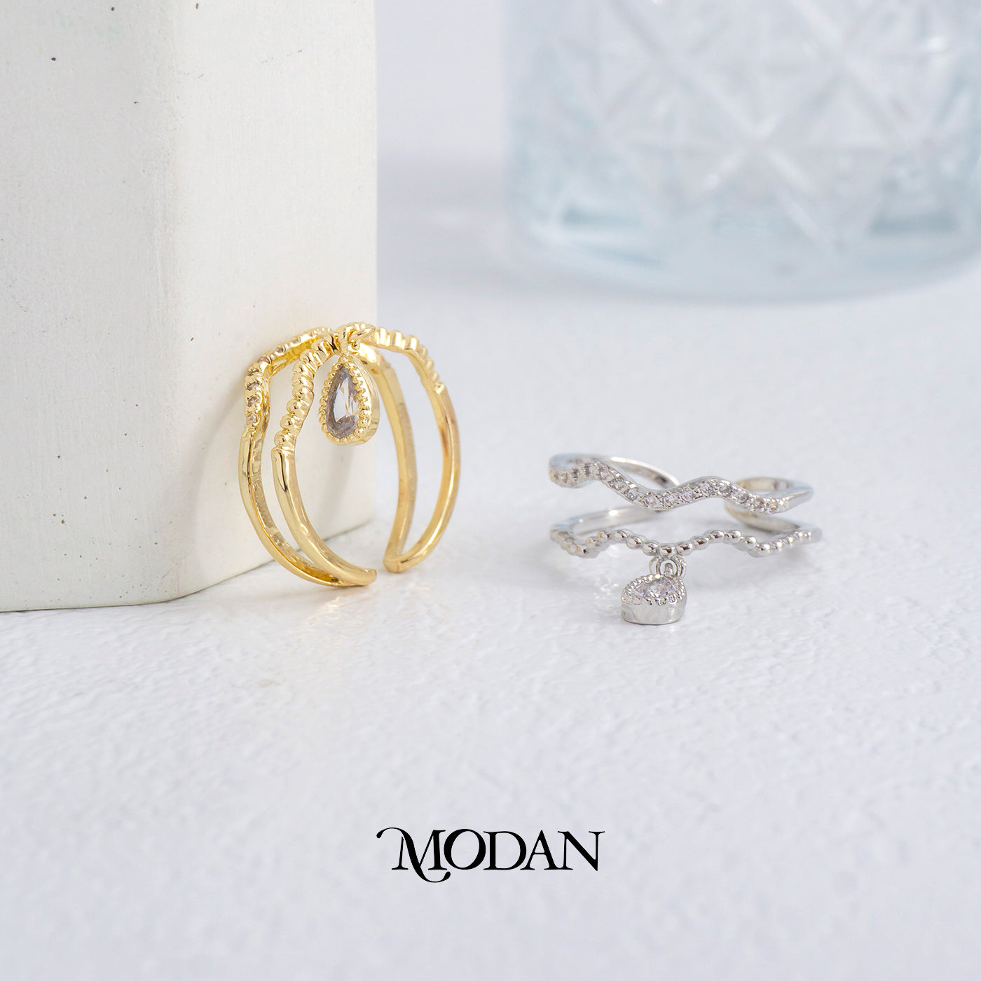 Dangle Teardrop Stacking Ring Cincin Gelombang Dua Layer Hypoallergenic Gold Plated