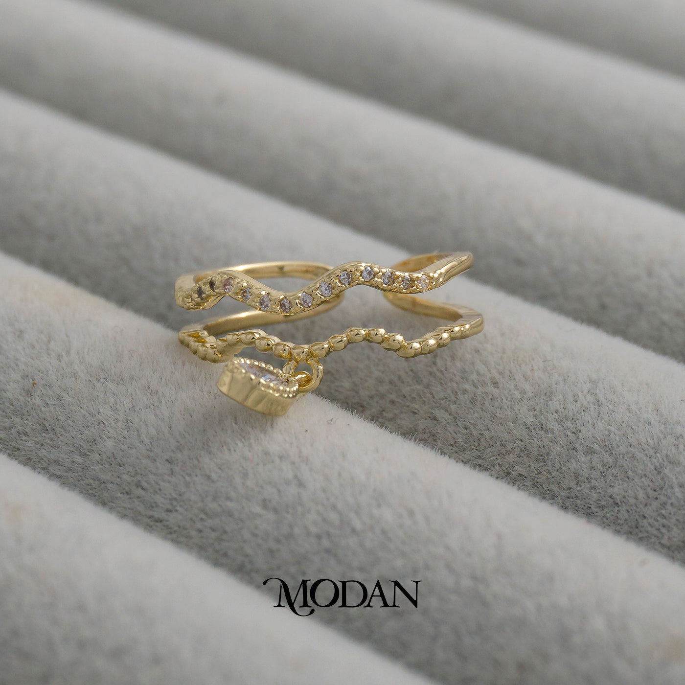 Dangle Teardrop Stacking Ring Cincin Gelombang Dua Layer Hypoallergenic Gold Plated
