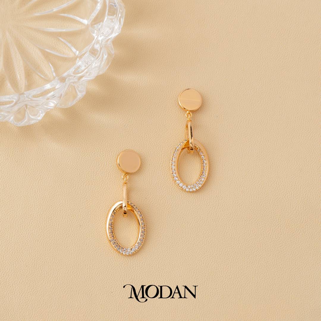 (36mm) Rosegold Micro Pave Zirconia Geometric Oval Drop Earrings Anting Gantung Pesta Hypoallergenic Gold Plated