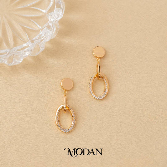 (36mm) Rosegold Micro Pave Zirconia Geometric Oval Drop Earrings Anting Gantung Pesta Hypoallergenic Gold Plated