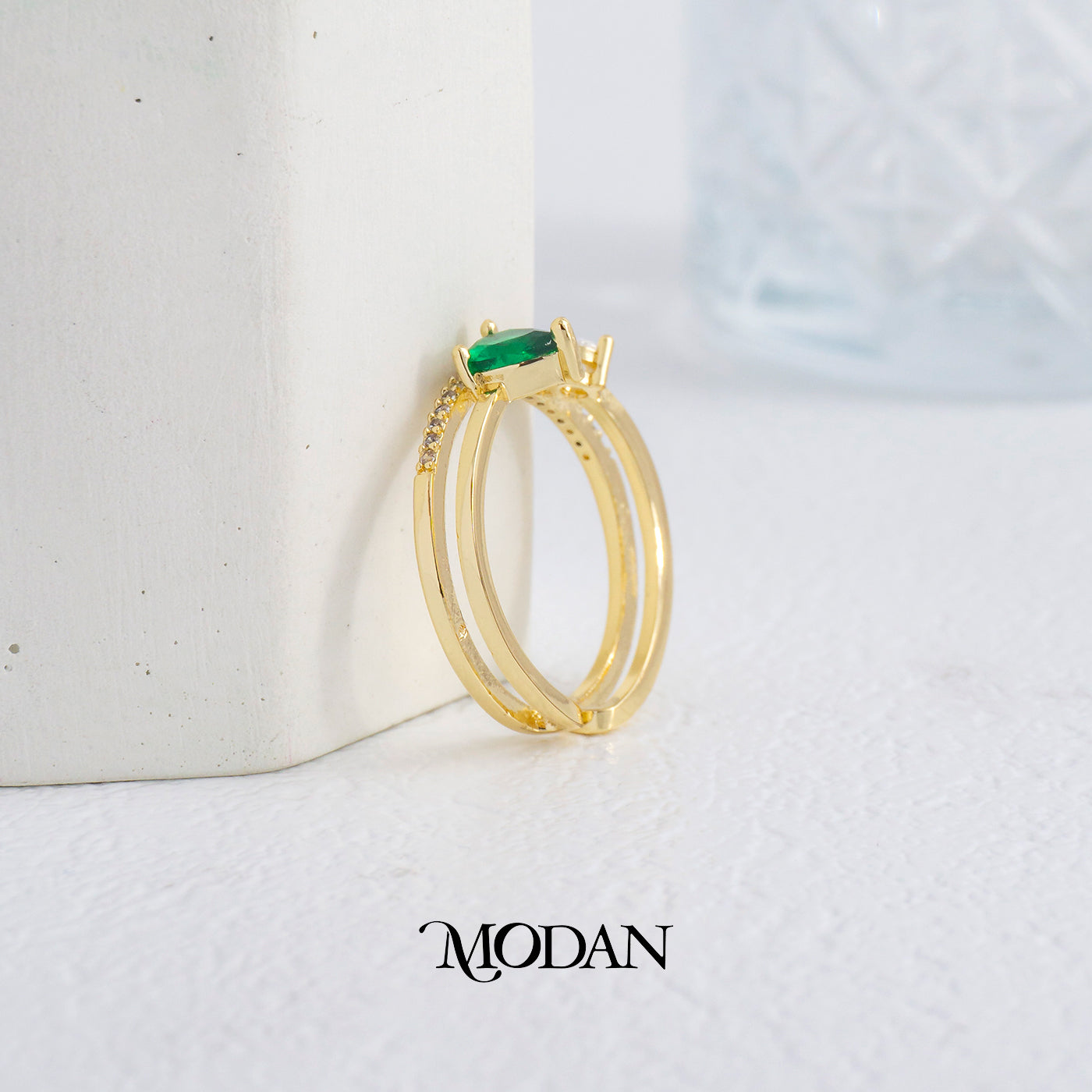 Emerald Green Pear Open Ring Cincin Hijau Tetes Air Hypoallergenic Gold Plated