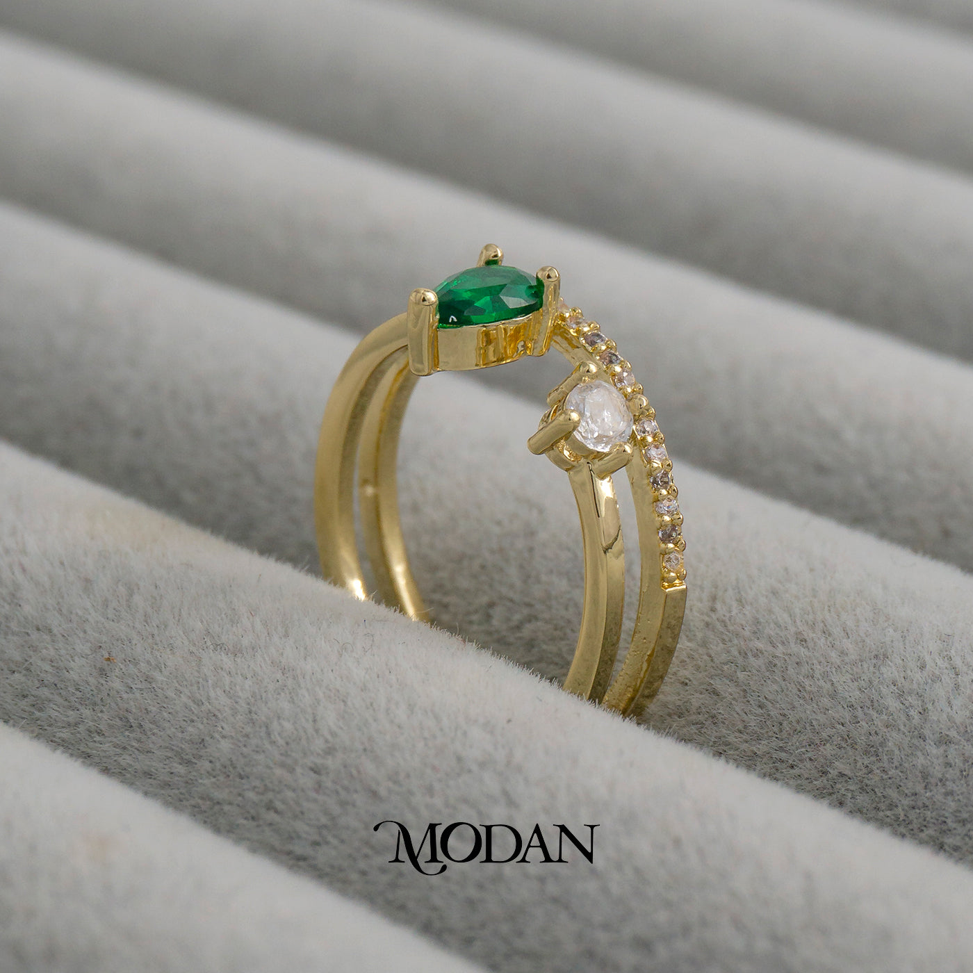 Emerald Green Pear Open Ring Cincin Hijau Tetes Air Hypoallergenic Gold Plated