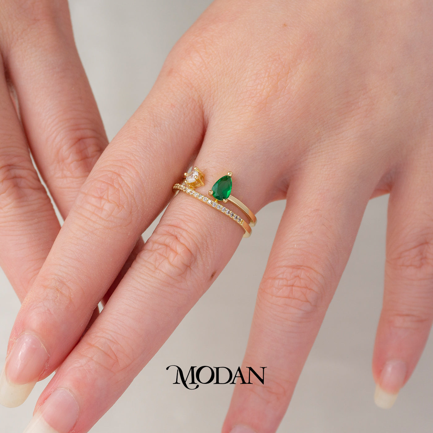 Emerald Green Pear Open Ring Cincin Hijau Tetes Air Hypoallergenic Gold Plated