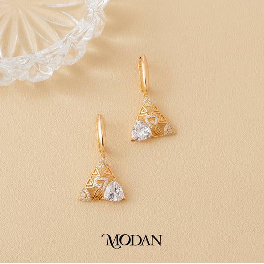 (33mm) Rosegold Micro Pave Artistic Teriangle Drop Earrings Anting Gantung Segitiga Hypoallergenic Gold Plated