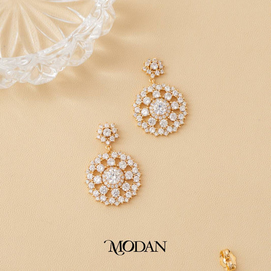 (32mm) Rosegold Micro Pave Flower Round Drop Earrings Anting Gantung Hypoallergenic Gold Plated