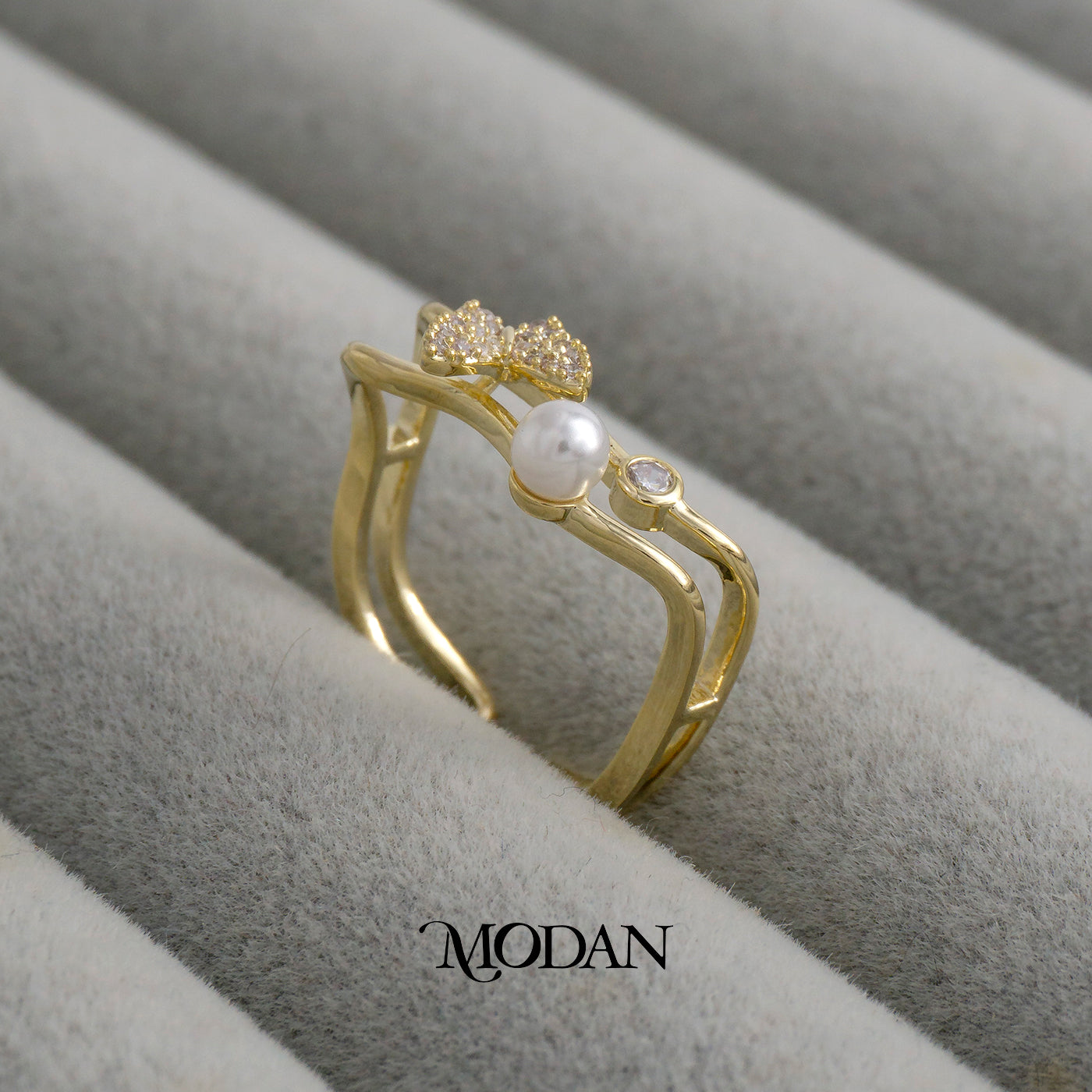 Butterfly Pearl Double Layer Ring Cincin Kupu-Kupu Mutiara Adjustable Hypoallergenic Gold Plated