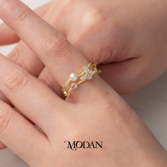Butterfly Pearl Double Layer Ring Cincin Kupu-Kupu Mutiara Adjustable Hypoallergenic Gold Plated