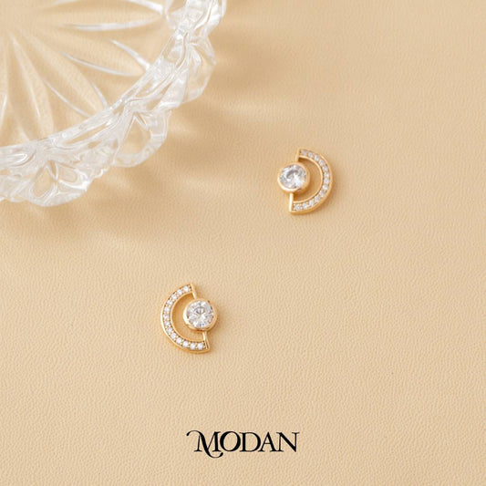 (13mm) Sparkling Semicircle Stud Earrings Anting Tusuk Setengah Lingkaran Hypoallergenic Gold Plated