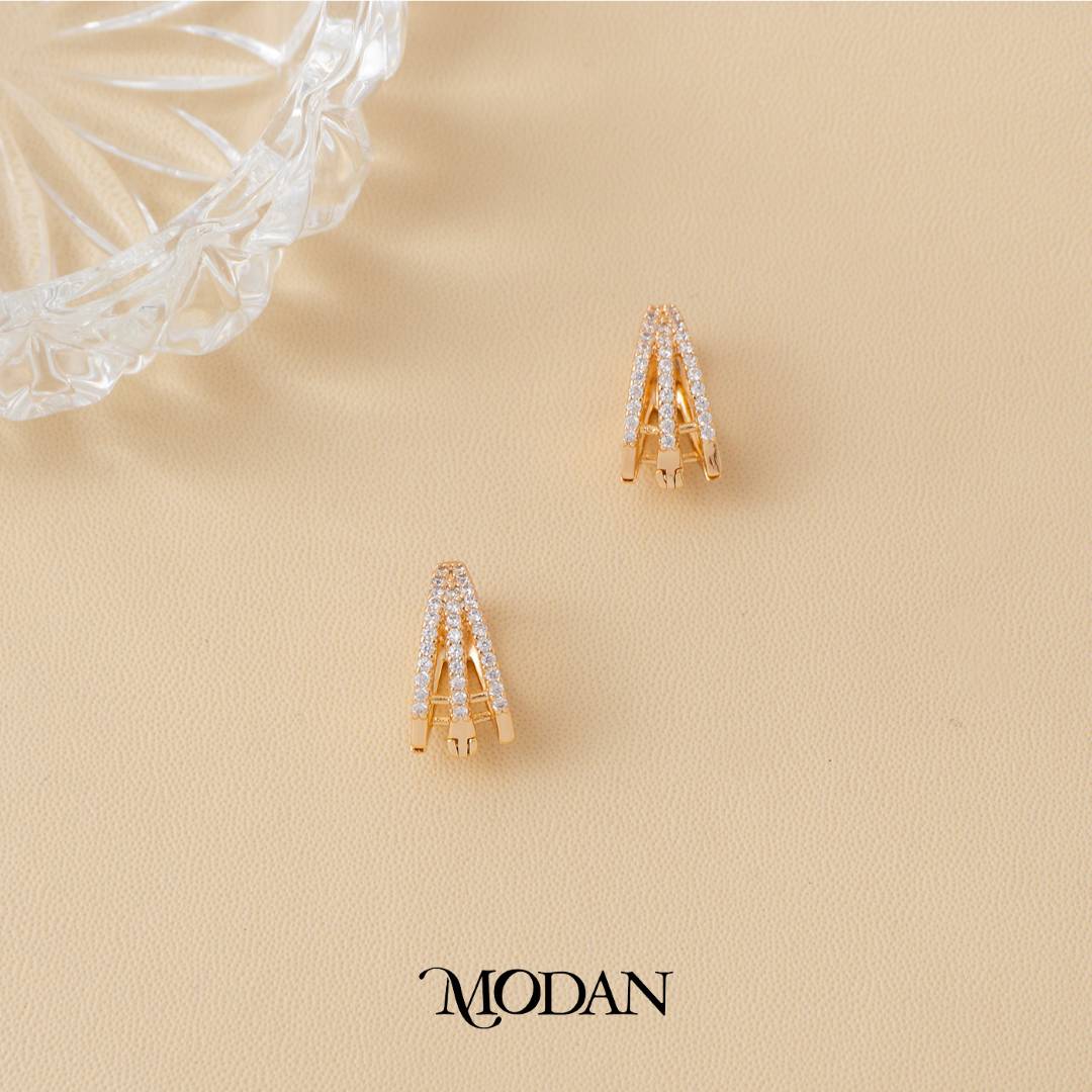 (16mm) Sparkling Rosegold Triple Rows Hoop Earrings Anting Pesta Simple Hypoallergenic Gold Plated