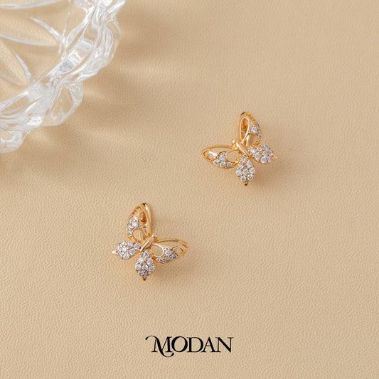 (12mm) Micro Pave Zirconia Butterfly Mariposa Hoop Earrings Anting Elegan Hypoallergenic Gold Plated
