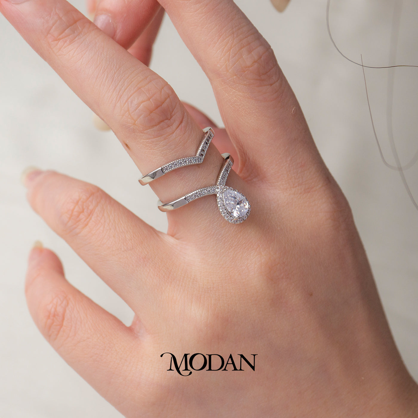 Elegant Silver Double Wishbone Ring Cincin V & Potongan Pear Hypoallergenic Gold Plated