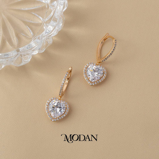 Bridal Sparkling Heart Drop Hoop Earrings Anting Gantung Hati Pesta Hypoallergenic Gold Plated