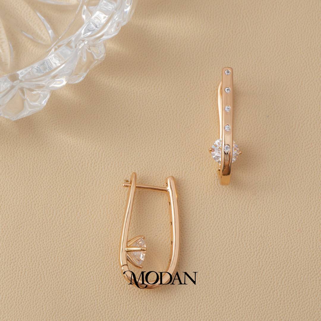 (24mm) Solitaire Beaded U Shaped Hoop Earrings Anting U Hypoallergenic Gold Plated
