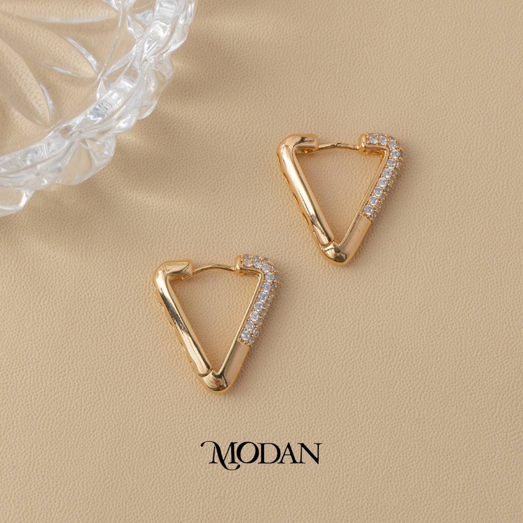 (24mm) Statement Triangle Geometric Cluster Zirconia Hoop Earrings Anting Pesta Hypoallergenic Gold Plated