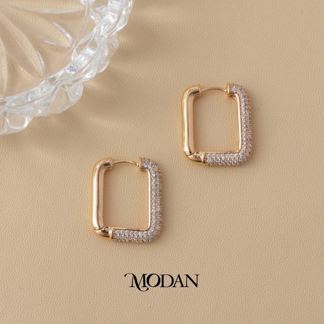 (23mm) Statement Rectangular Geometric Cluster Zirconia Hoop Earrings Anting Pesta Hypoallergenic Gold Plated