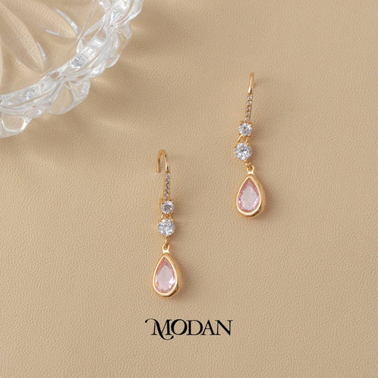 (34mm) Pink Teardrop Dangle Earrings Anting Gantung Tetes Air Mata Hypoallergenic Gold Plated